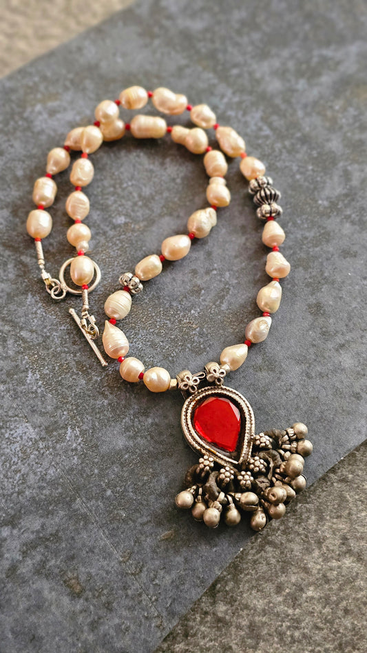 Scarlet Relic|Soul Strung| Freshwater Baroque Pearls × Vintage Blood Red Glass Pendant