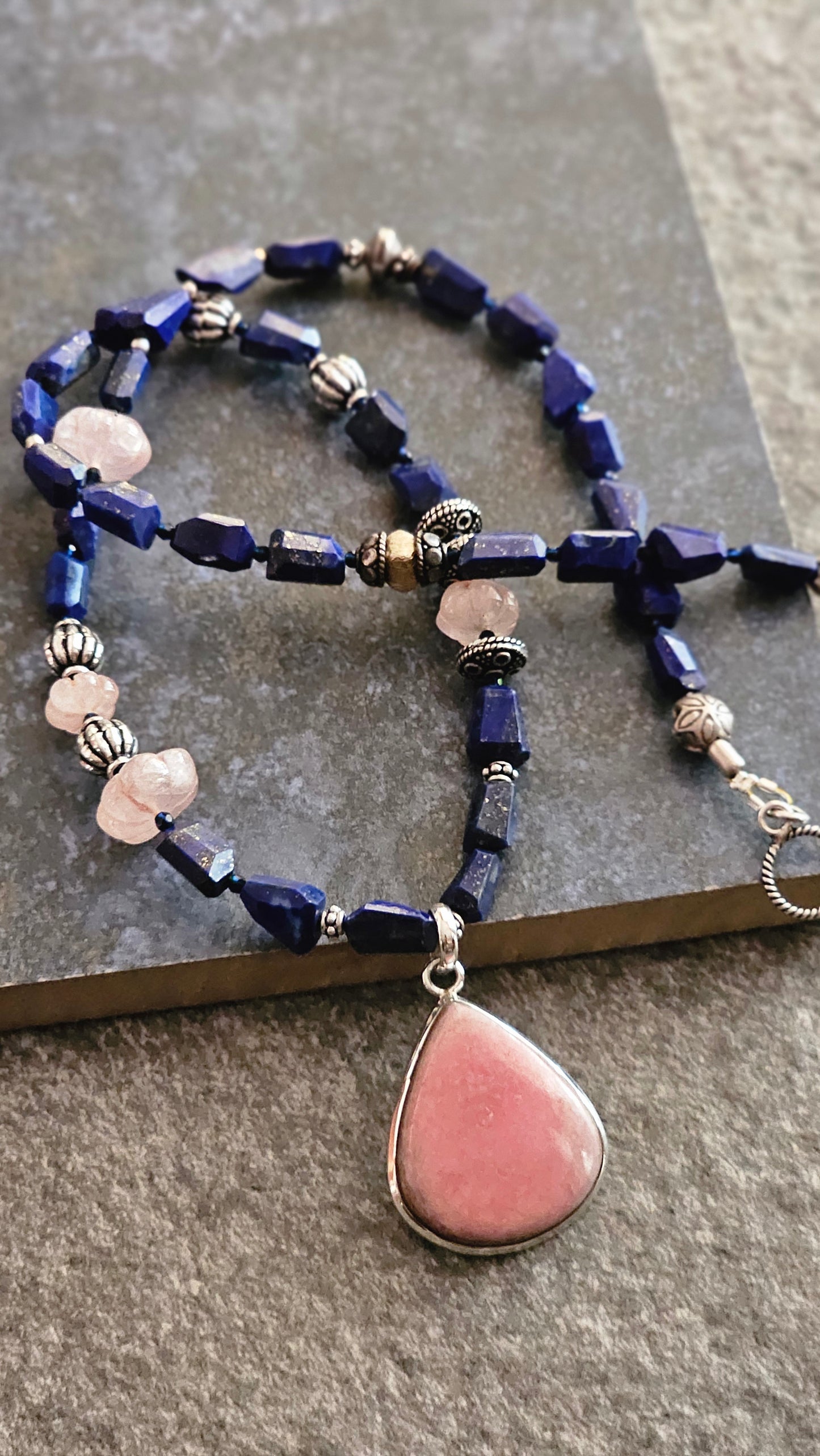 Rhodocrhrosite pendant with faceted Lapis Necklace