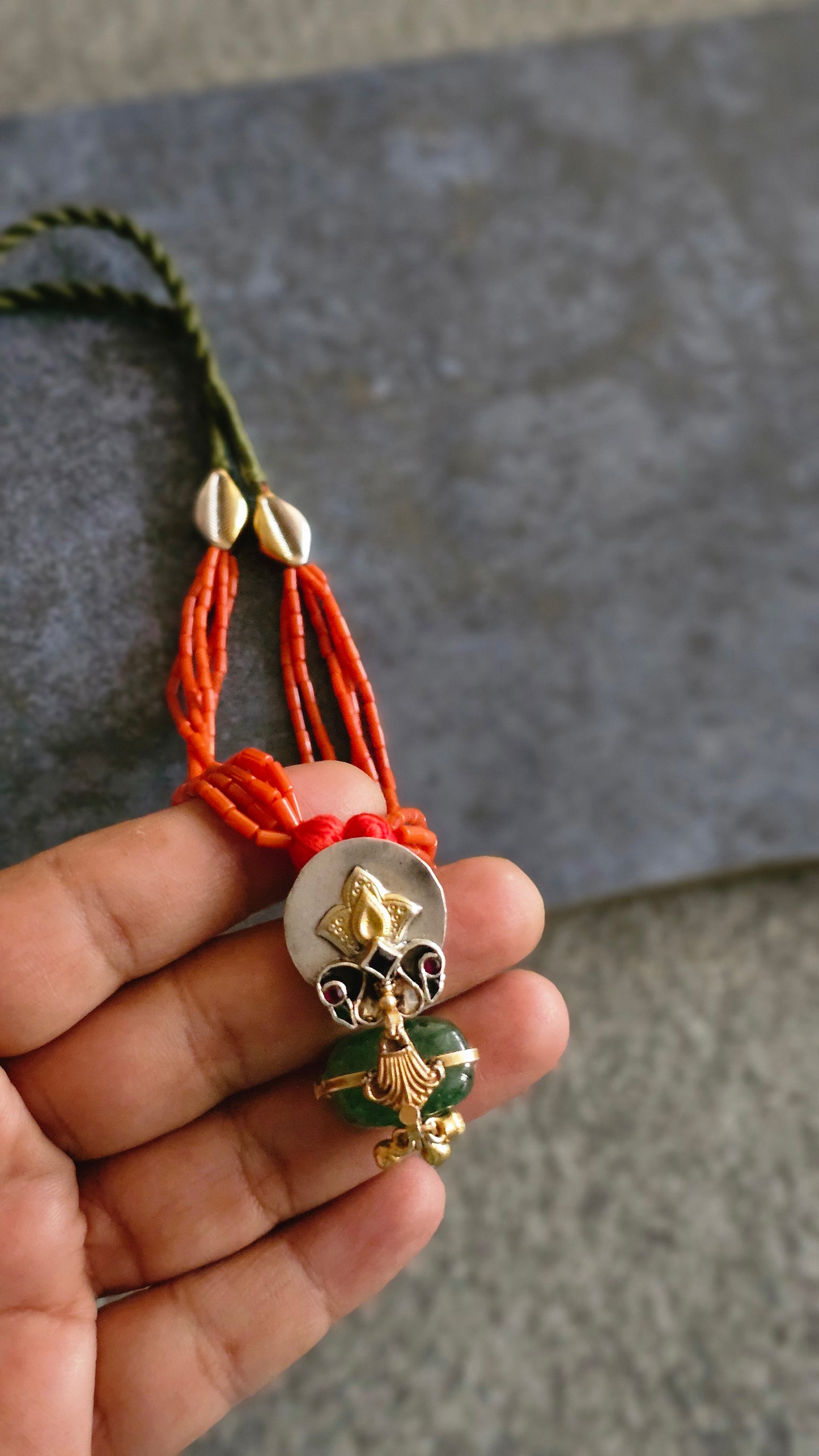 Italian Coral necklace with emerald tumble