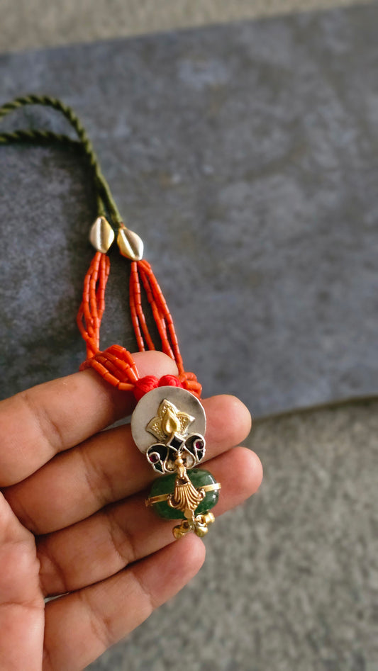 Italian Coral necklace with emerald tumble