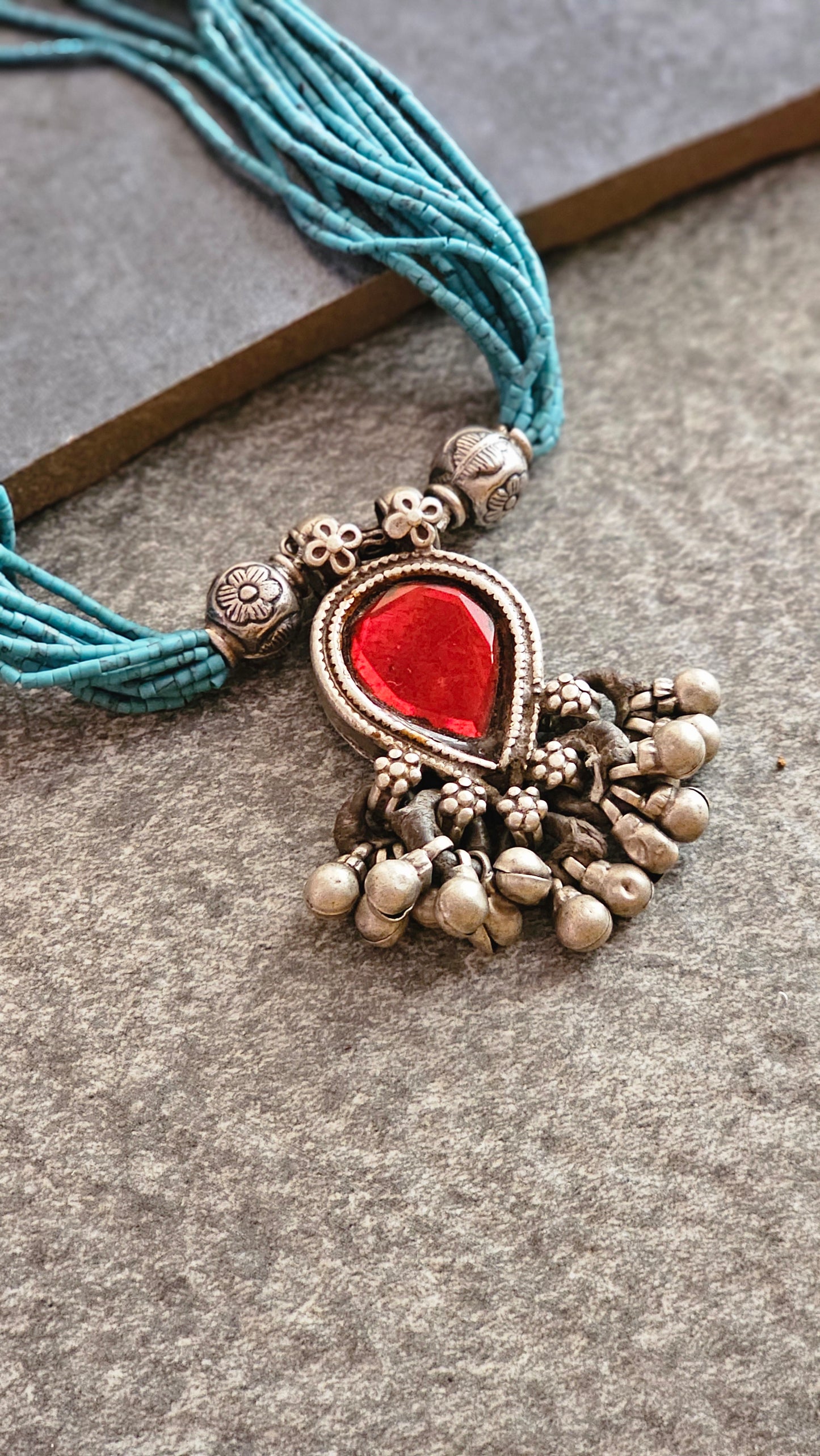Vintage red glass pendant Turquoise strings necklace