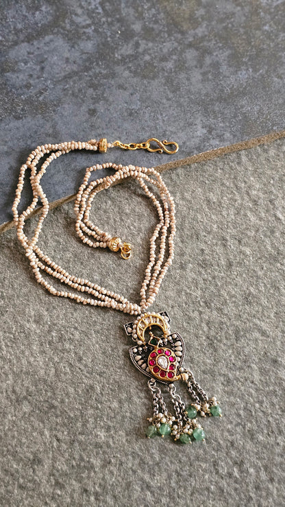 Antique Gold polish fresh water pearls kundan mango two tone pendant necklace