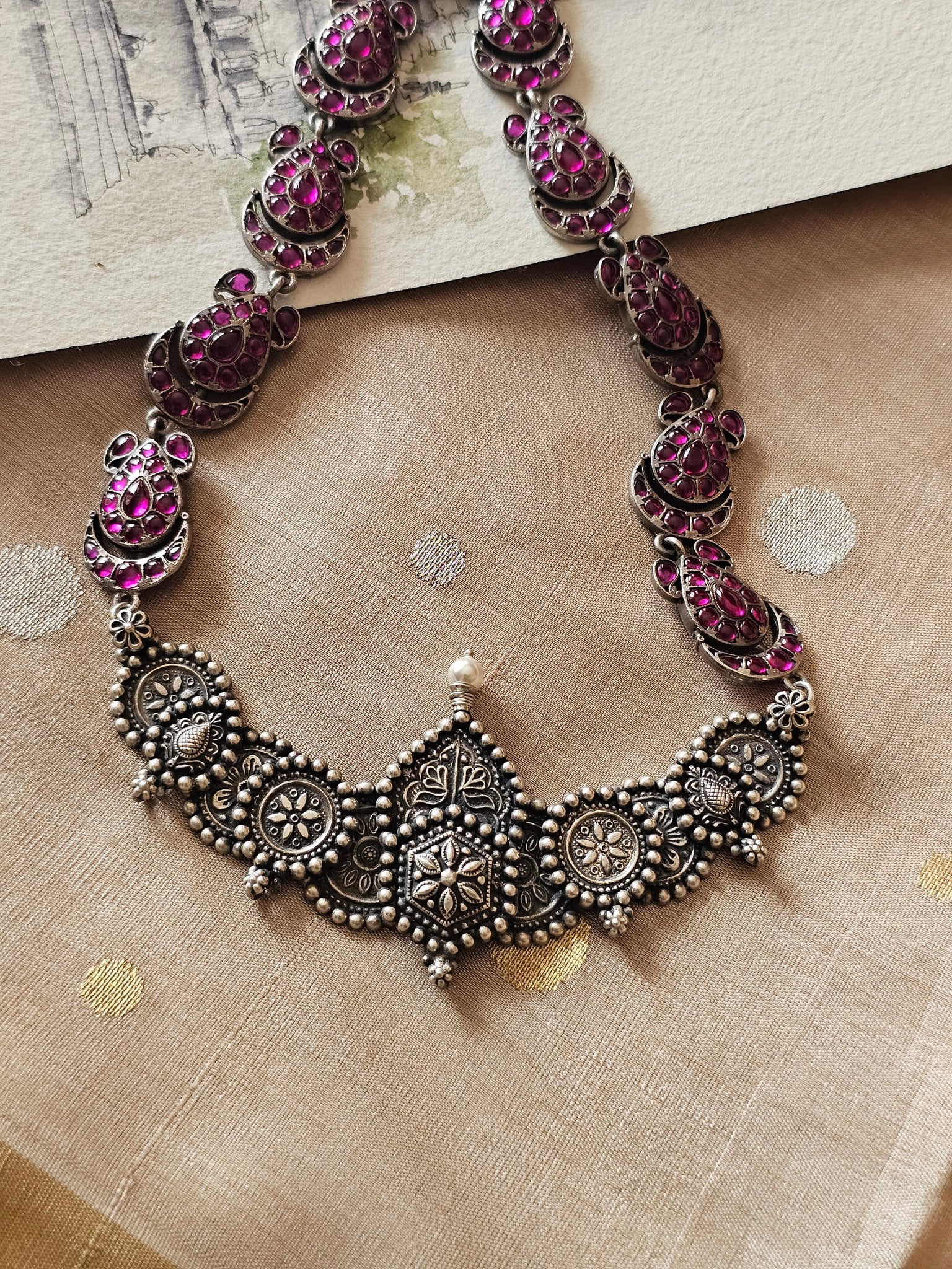 Moon-Shaped 92.5 Silver Pendant Necklace with Kolhapur Motifs & Kempu Chain – Limited Edition