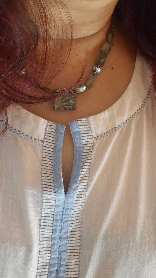 Phrenite moss Agate and labrodrite necklace