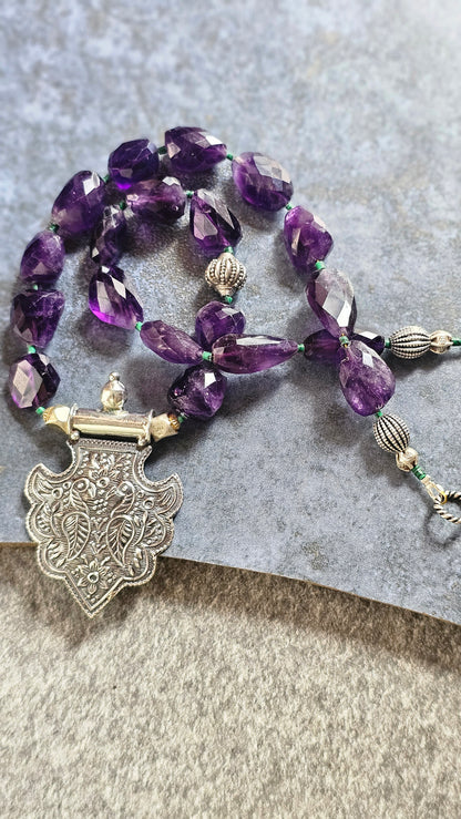 Soul Strung. Monsoon | Faceted Amethyst Necklace with Twin Peacock Silver Pendant