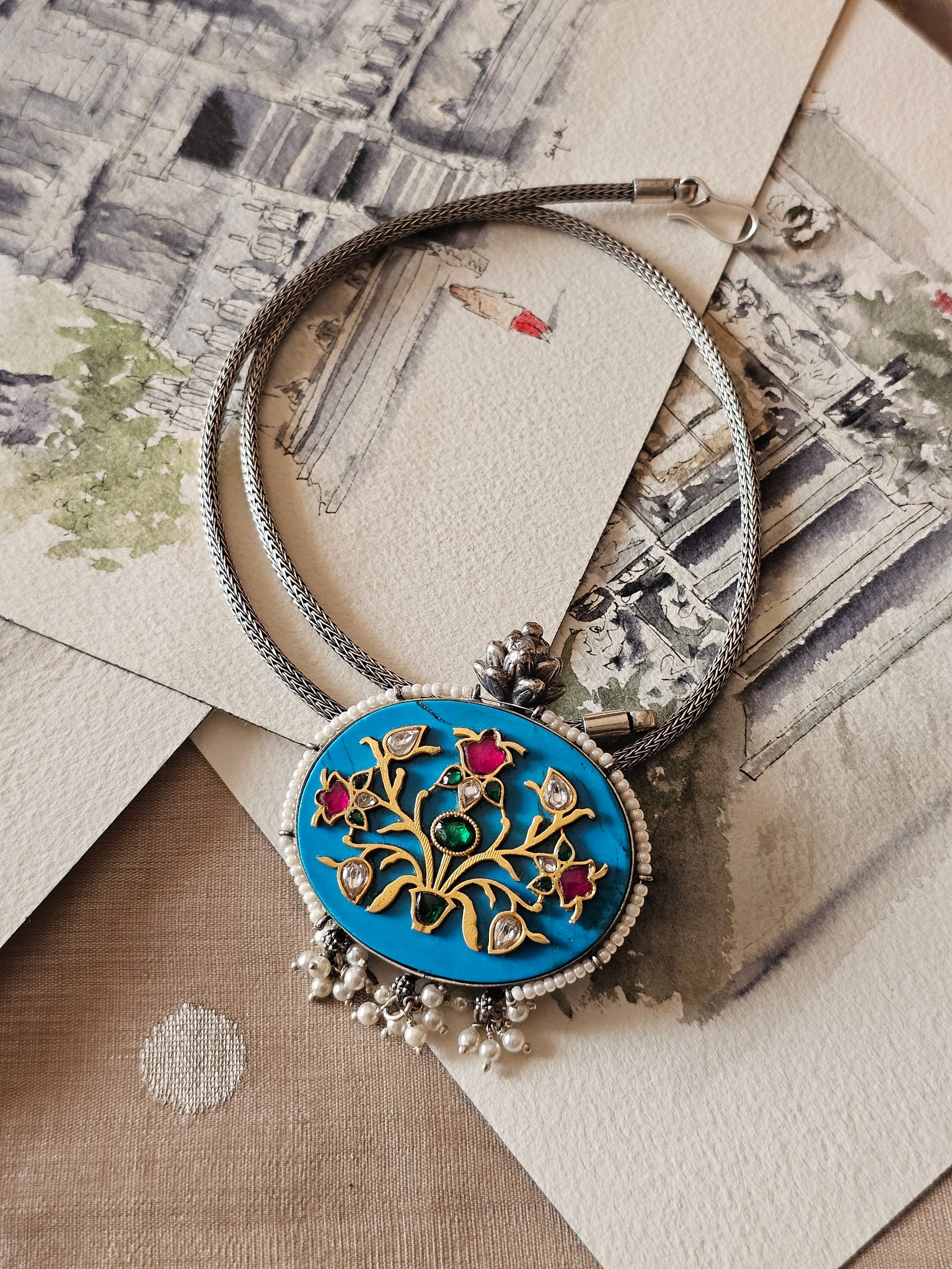 Mughal Muse — 92.5 Silver Mesh Necklace with Turquoise & Kundan Inlay