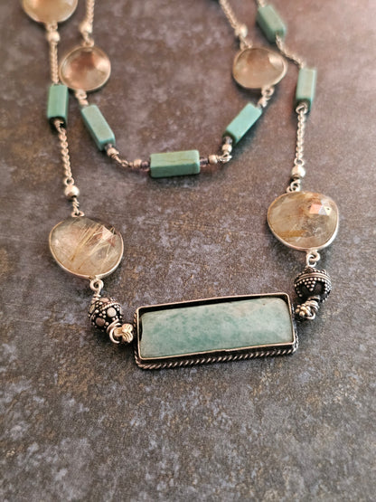 Golden Rutailed quartz,turquoise tubes layered necklace with a bar pendant