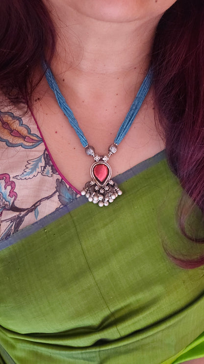 Vintage red glass pendant Turquoise strings necklace