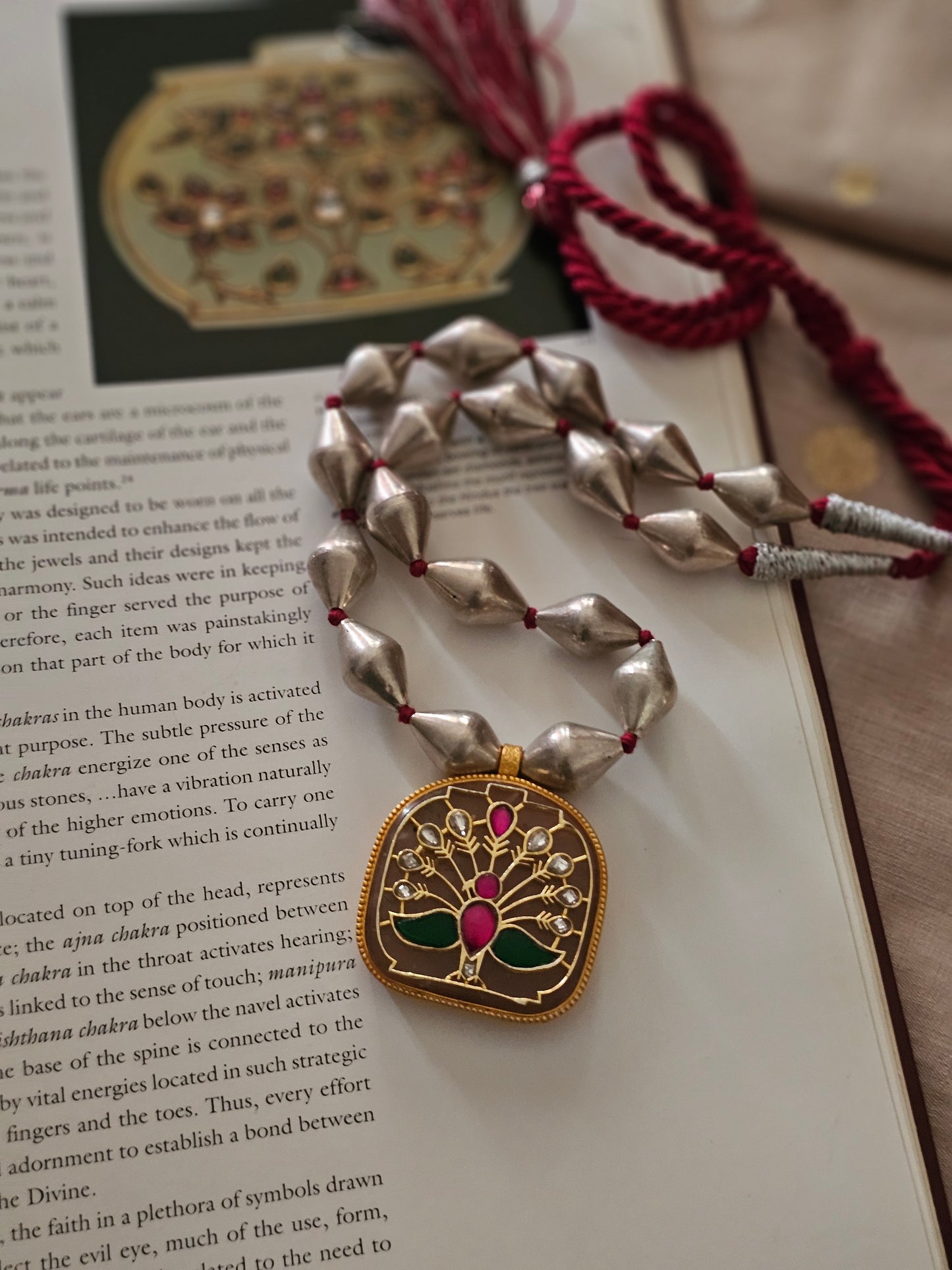 Veera -Silver dholki necklace with kundan inlay work on rose quartz | 92.5 Silver Short Necklace