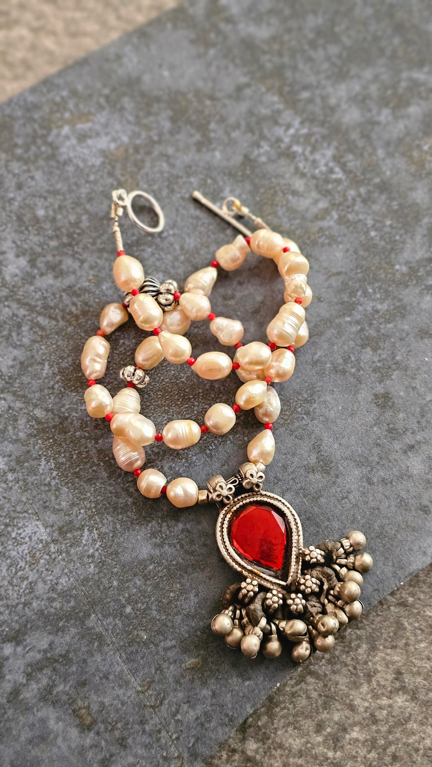 Scarlet Relic|Soul Strung| Freshwater Baroque Pearls × Vintage Blood Red Glass Pendant