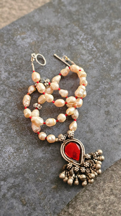 Scarlet Relic|Soul Strung| Freshwater Baroque Pearls × Vintage Blood Red Glass Pendant