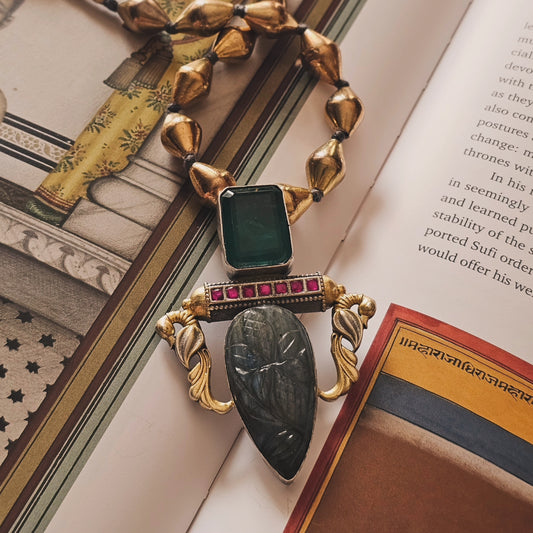 Virasat Carved Labradorite Kundan Pendant Necklace | 92.5 Silver Gold Polish Necklace with Parakeet Motifs & Dholki Beads