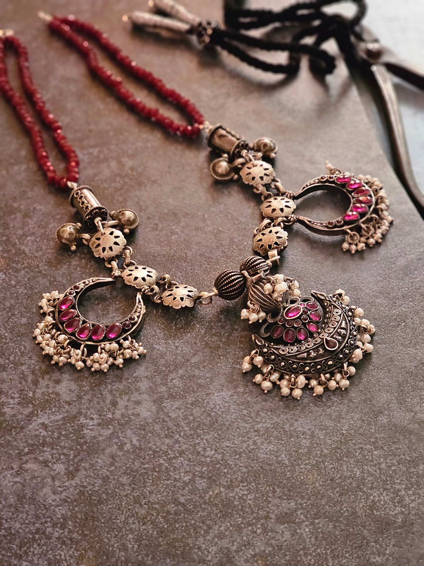 Oxidised kempu chaandbali necklace