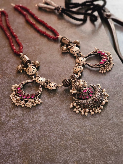 Oxidised kempu chaandbali necklace