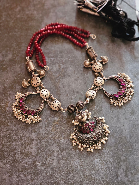Oxidised kempu chaandbali necklace