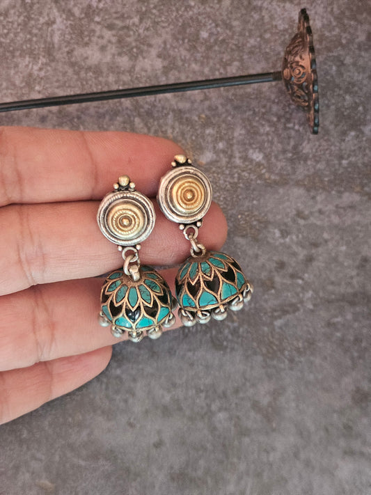 Lapis lazuli and turquoise detailed silver jhumkas