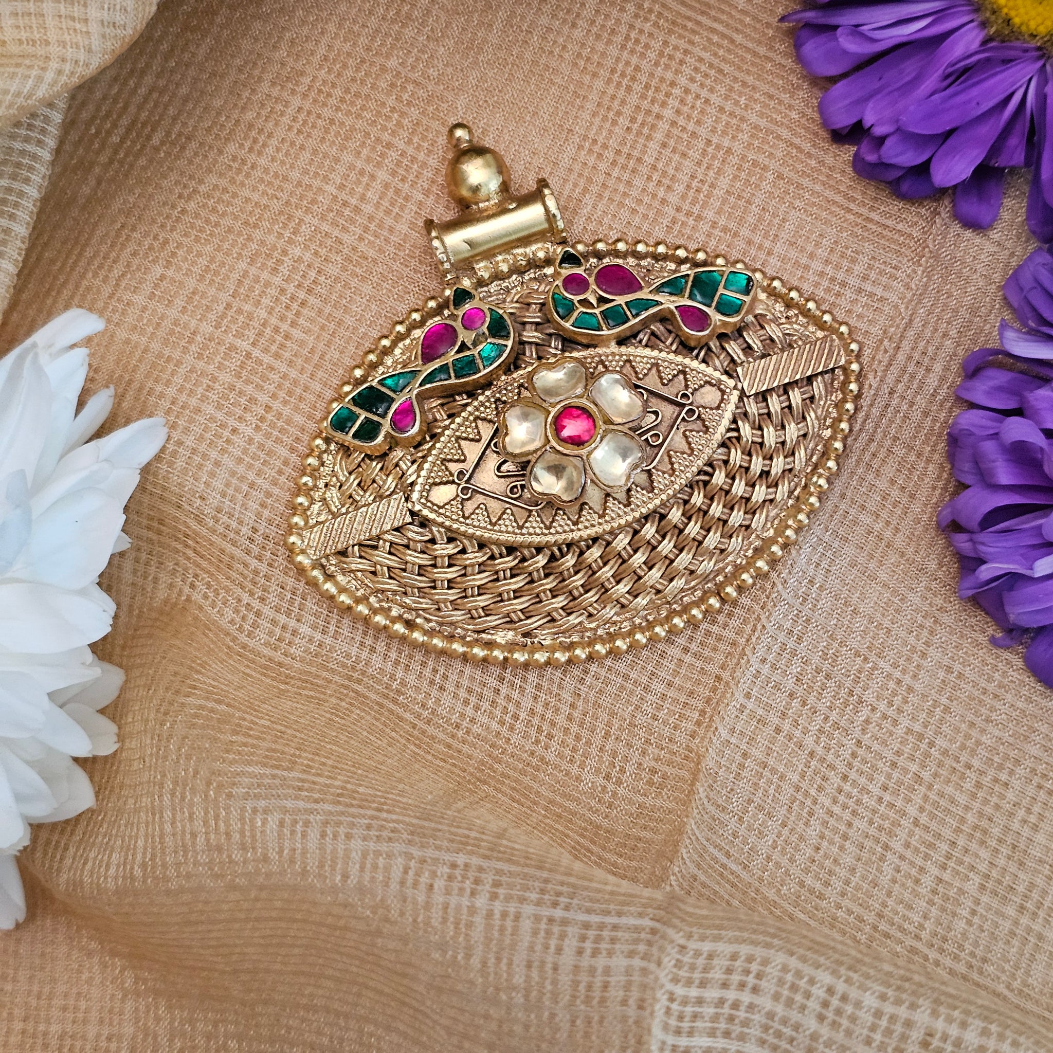 Sliver 92.5 kundan gold polish pendant