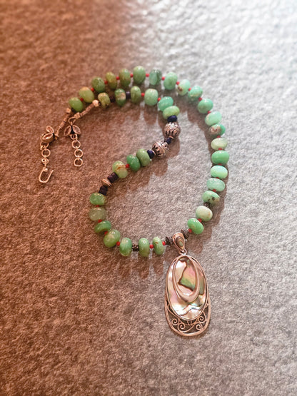 Chrysoprace gemstone necklace abalone shell pendant