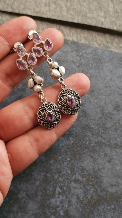 Madhavi – Amethyst & Pearl Filigree Earrings