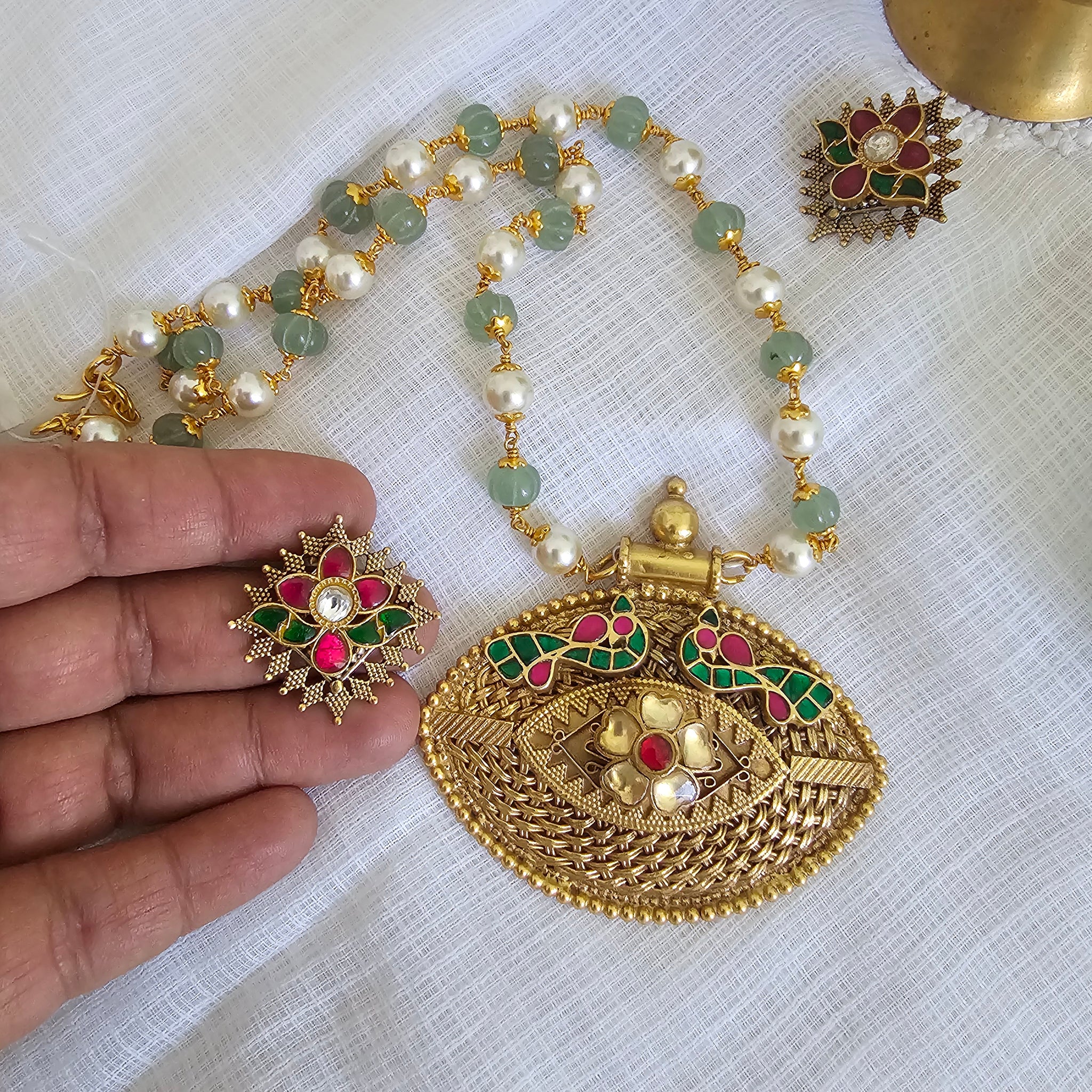 Silver 92.5 kundan gold polish necklace set