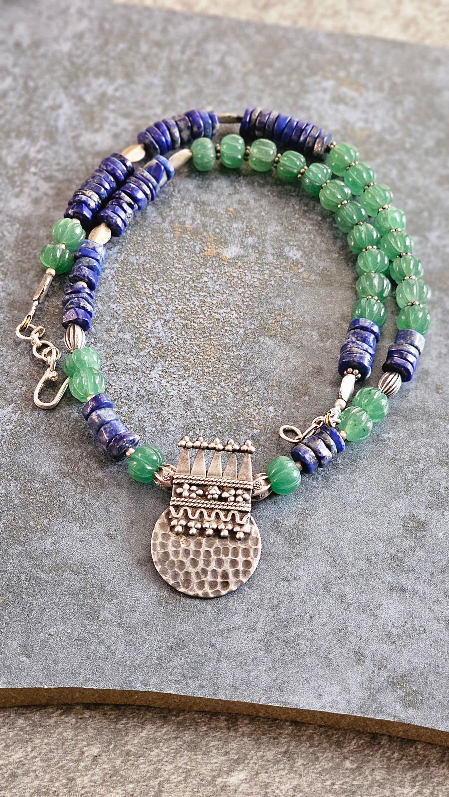Strawberry quartz and lapis lazuli necklace with vintage elements