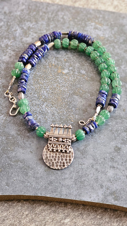 Strawberry quartz and lapis lazuli necklace with vintage elements