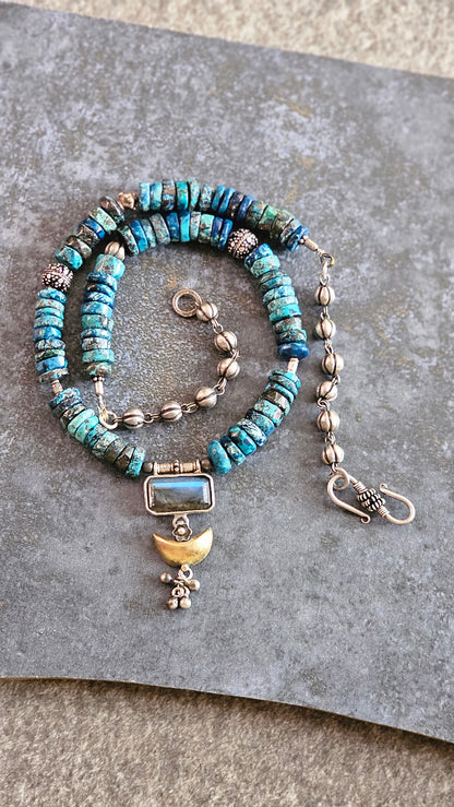 Azurite gemstone necklace with labrodrite pendant