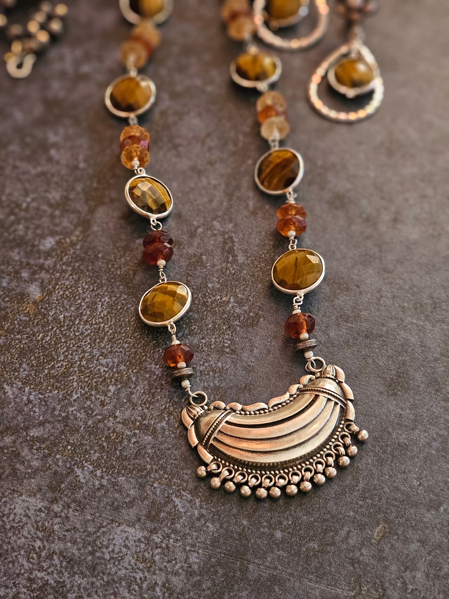 Hessonite Statement silver Necklace