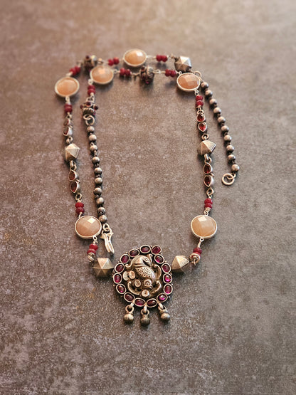 Pink jade, silver nakash necklace