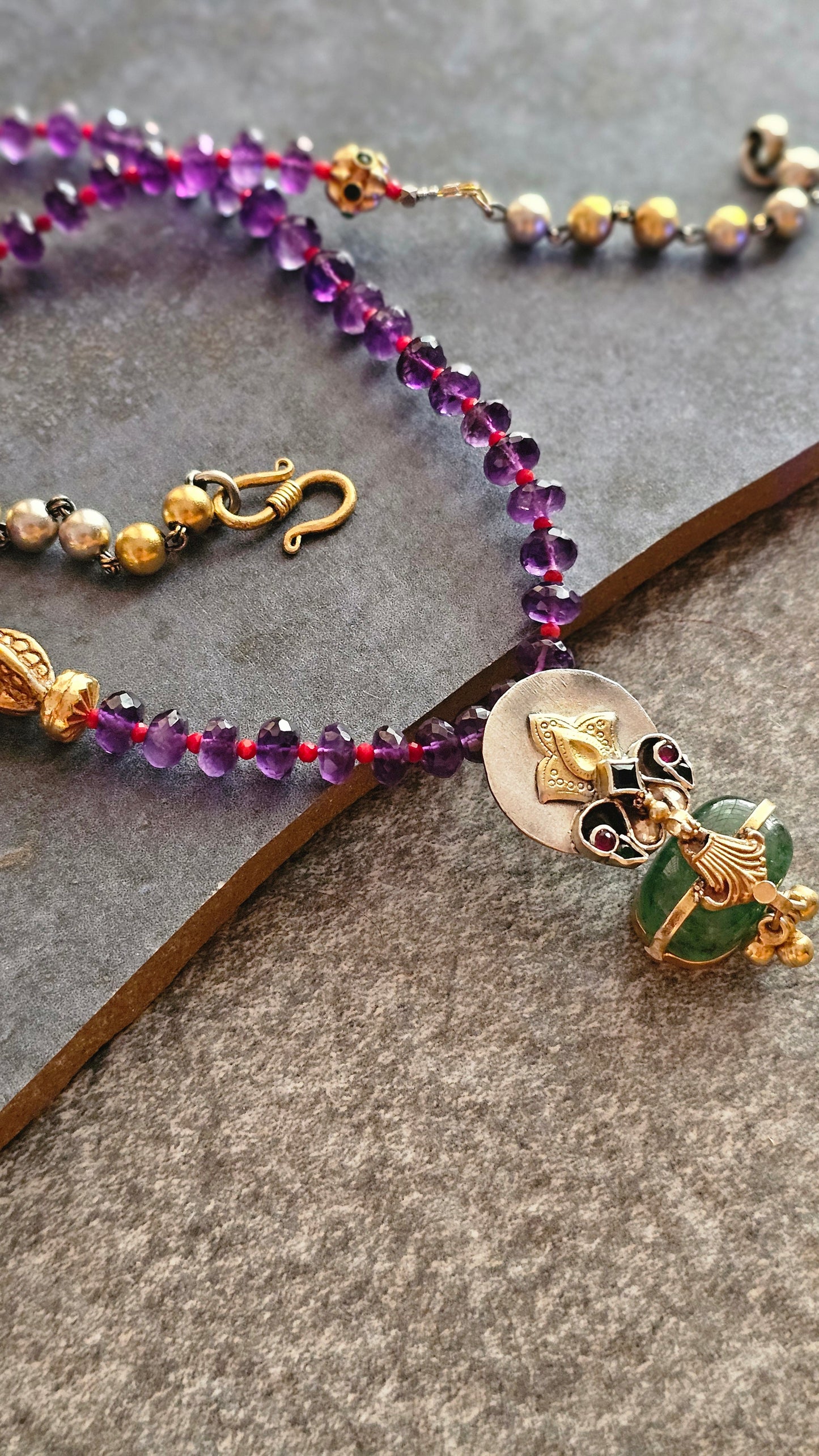 Amethyst necklace with two tone pendant emerald tumble
