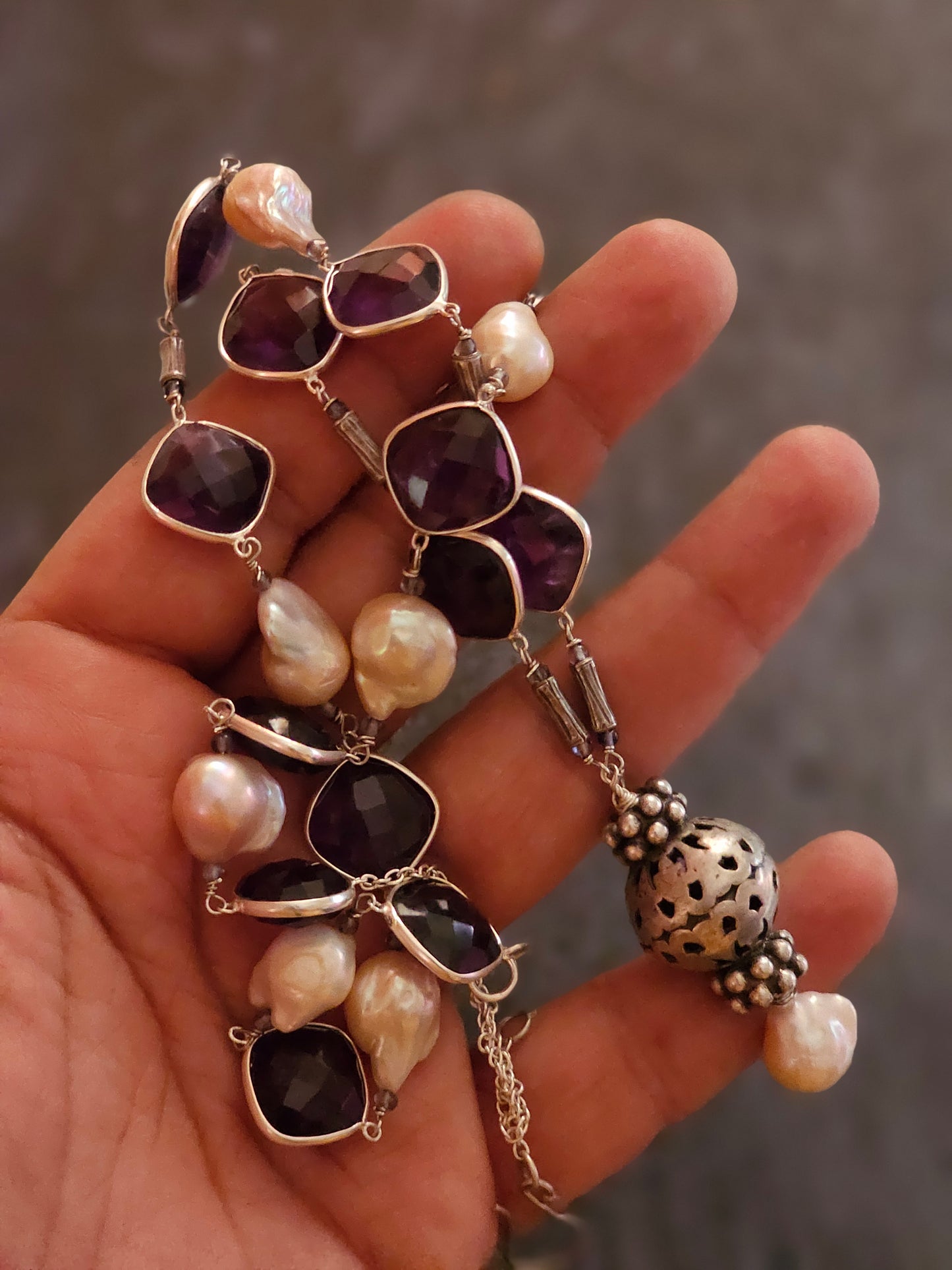 Silver Amethyst, Baroque pearls necklace