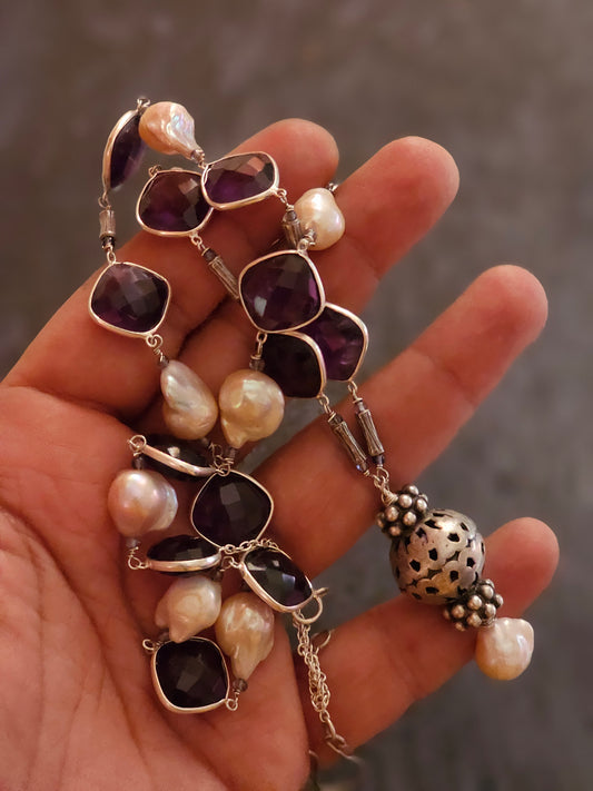 Silver Amethyst, Baroque pearls necklace