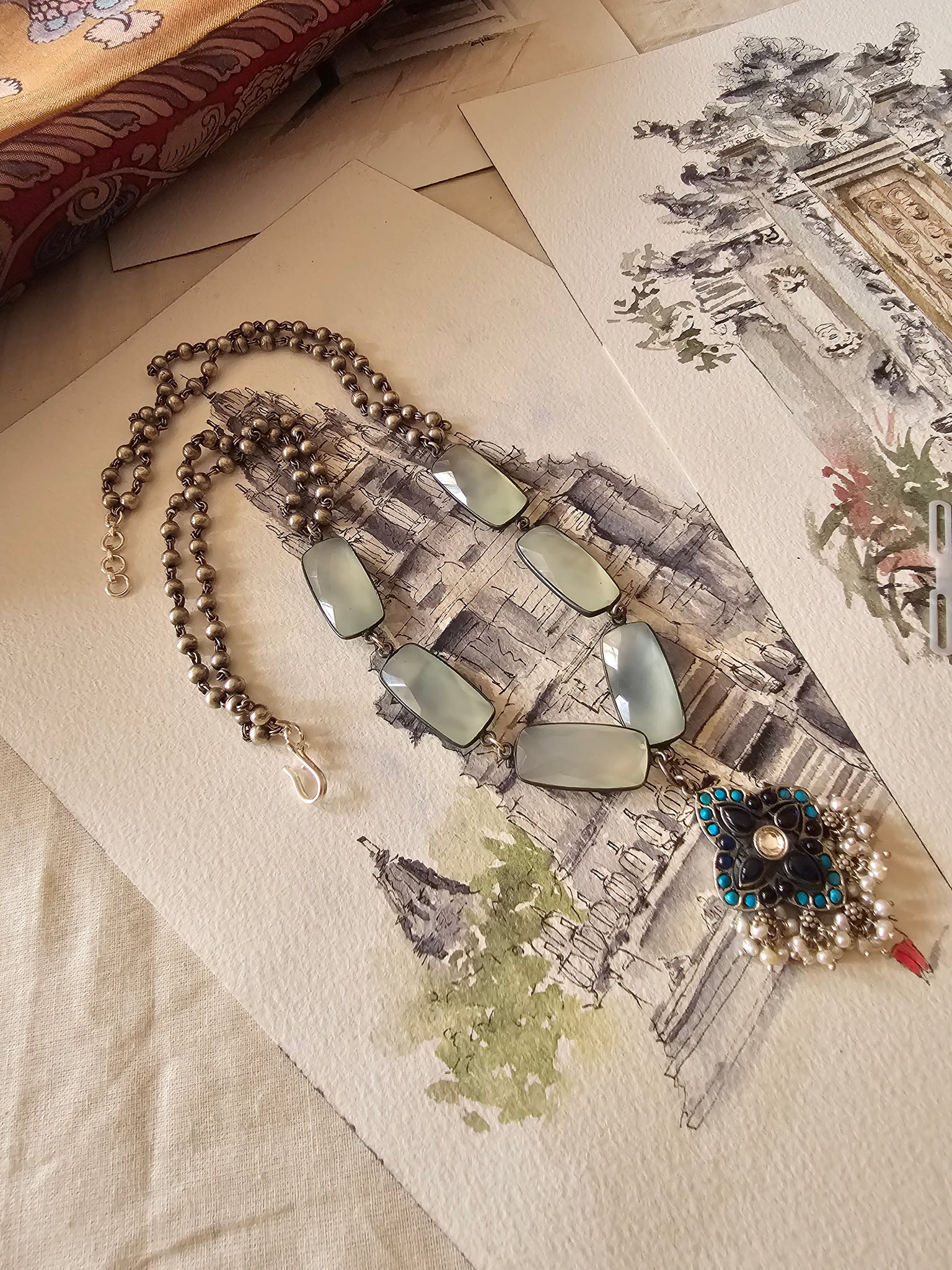 92.5 Silver Fusion Pendant with Blue Kemp, Turquoise & Pearls on Aquamarine Ball Chain