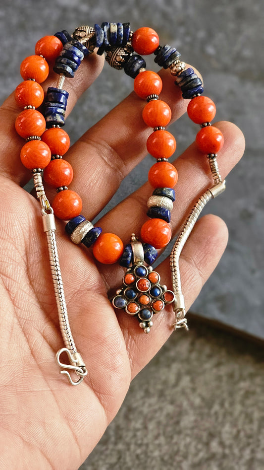 Coral & Lapis Vintage Pendant Necklace (92.5 Silver)