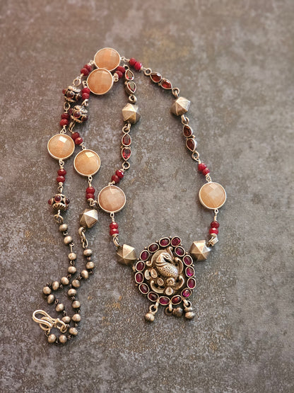 Pink jade, silver nakash necklace