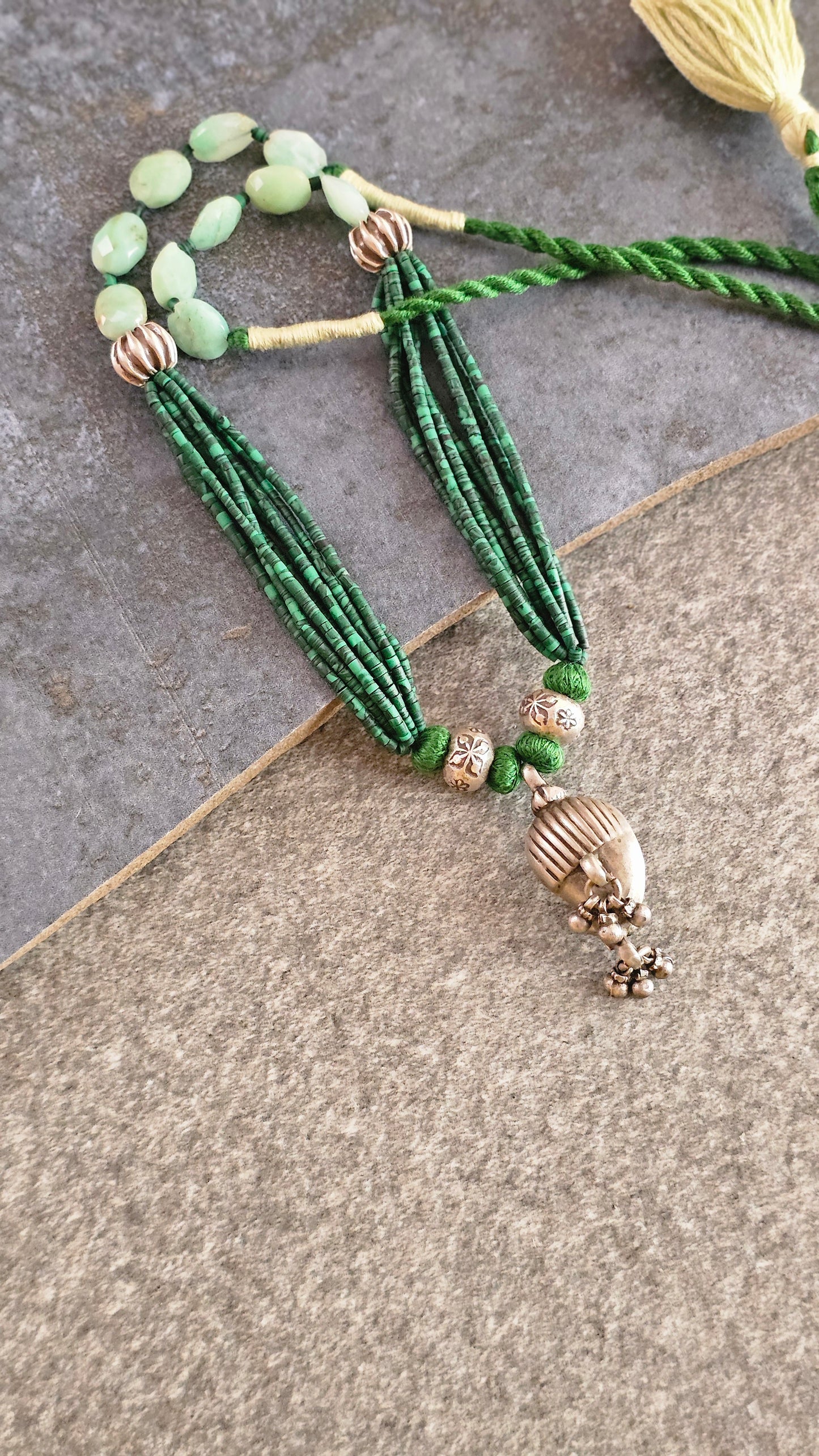 Vintage Mango Ghungroo Necklace in African Malachite & Chrysoprase Silver Beads