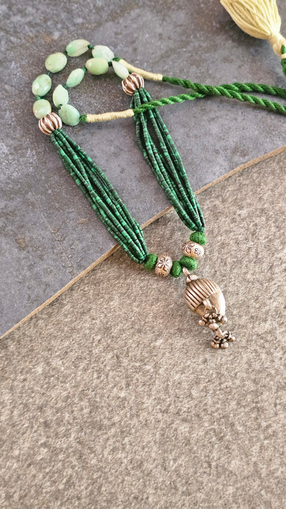 Vintage Mango Ghungroo Necklace in African Malachite & Chrysoprase Silver Beads