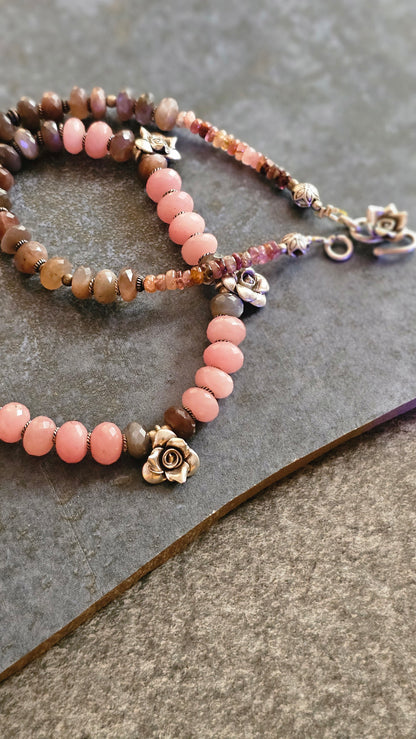 Pink Rhodocrhrosite and Chocolate Moonstone hill tribe silver rosette necklace