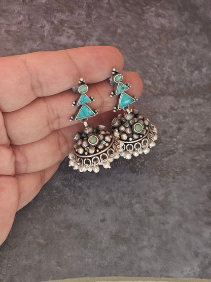 Turquoise silver jhumkas