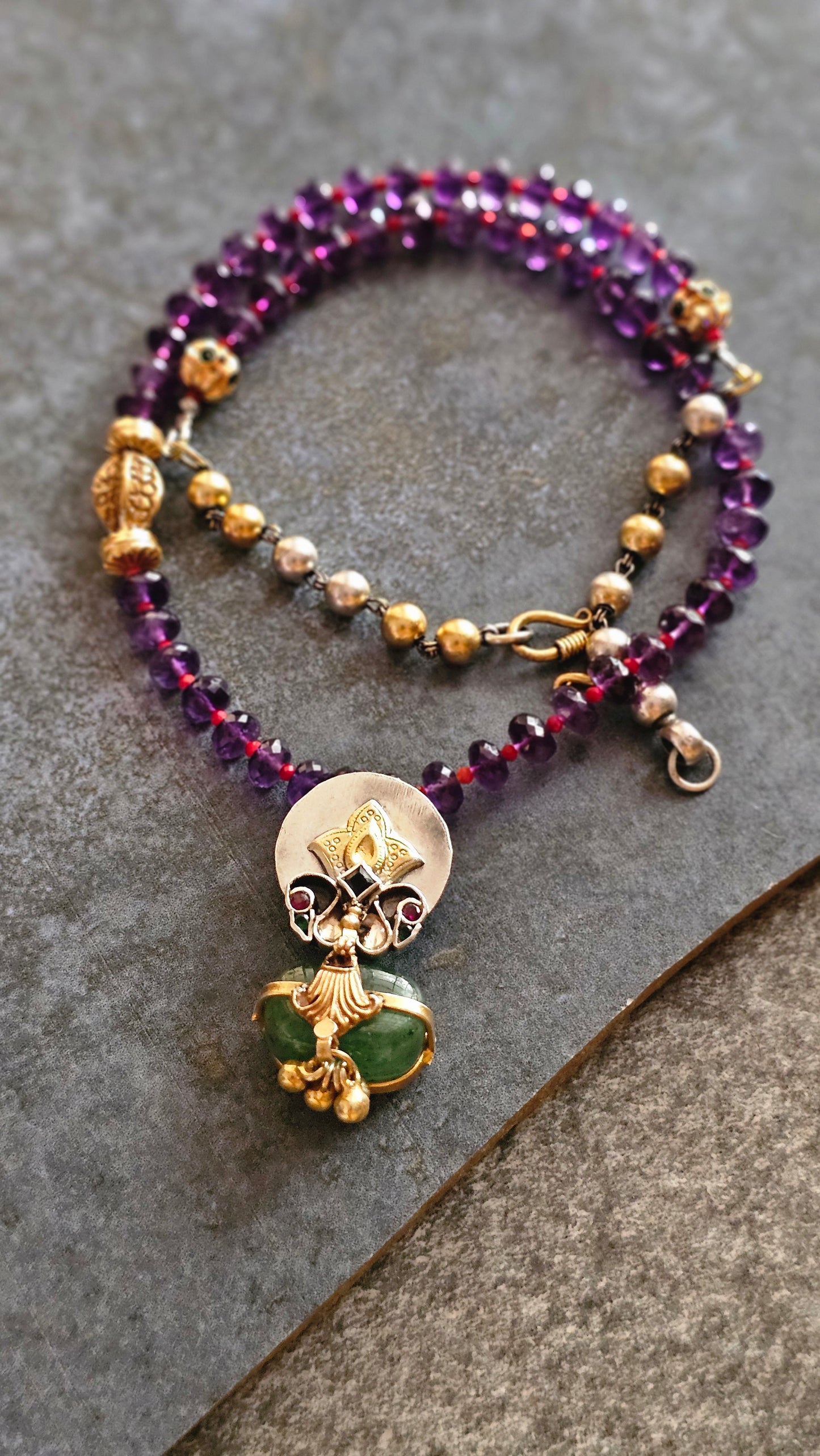 Amethyst necklace with two tone pendant emerald tumble