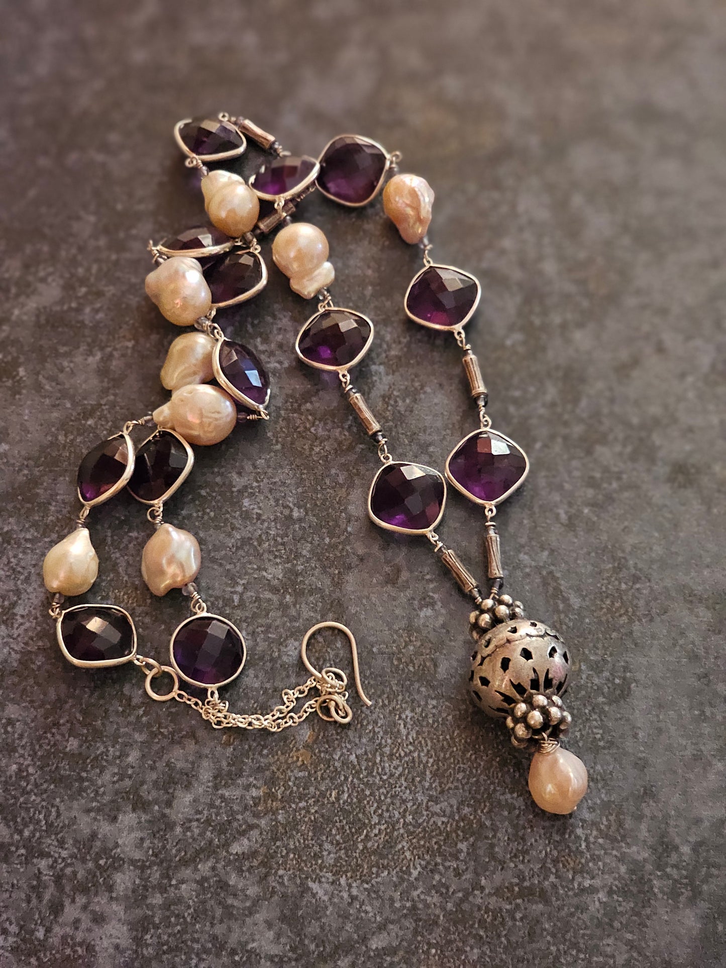 Silver Amethyst, Baroque pearls necklace
