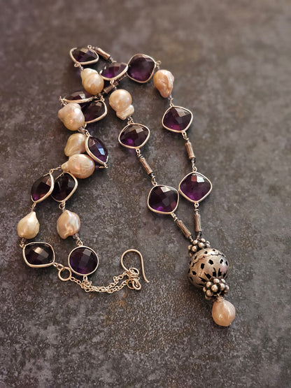 Silver Amethyst, Baroque pearls necklace