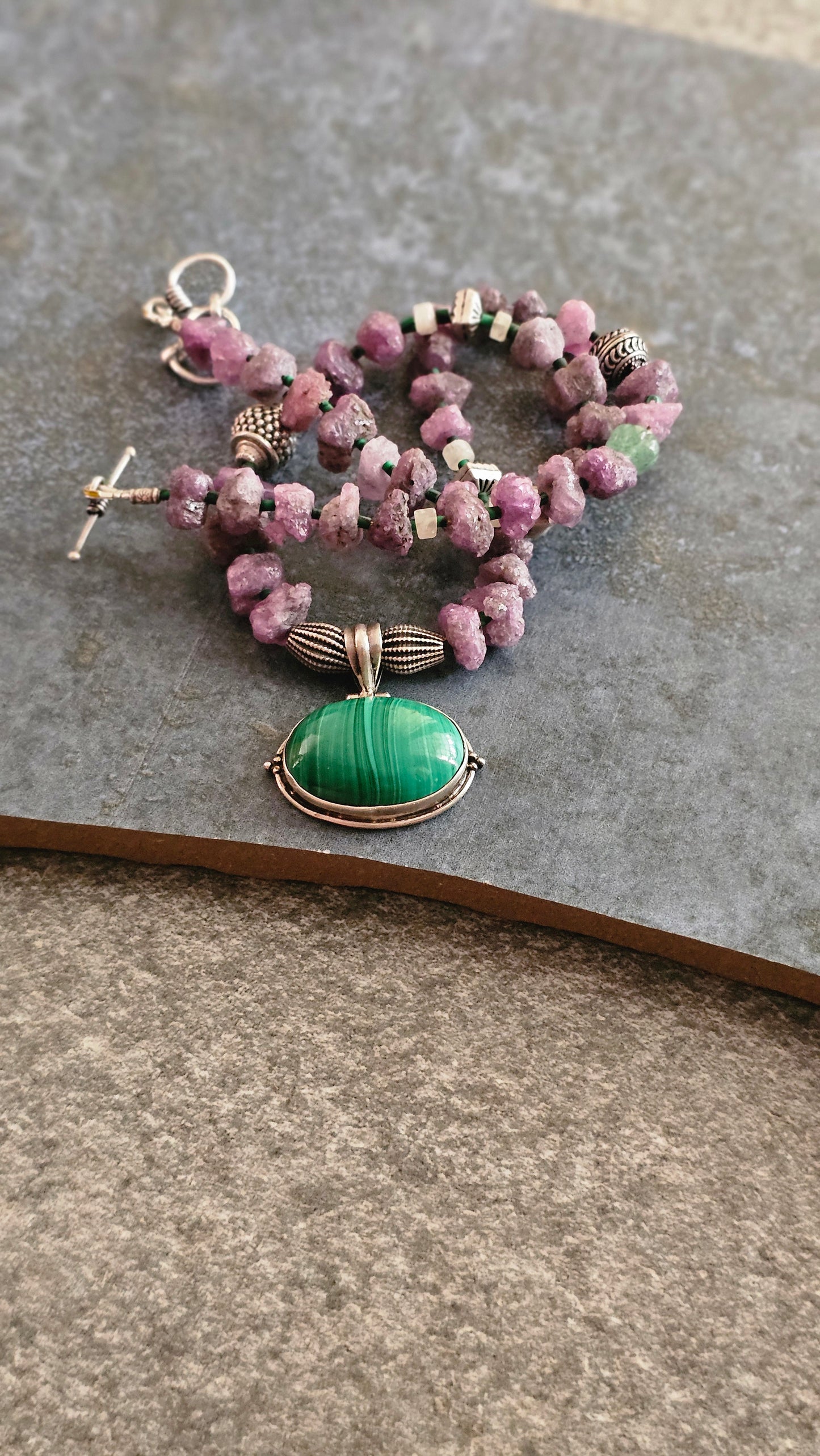 Rough uncut Ruby necklace with Malachite pendant