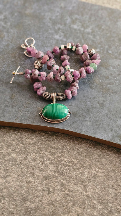 Rough uncut Ruby necklace with Malachite pendant