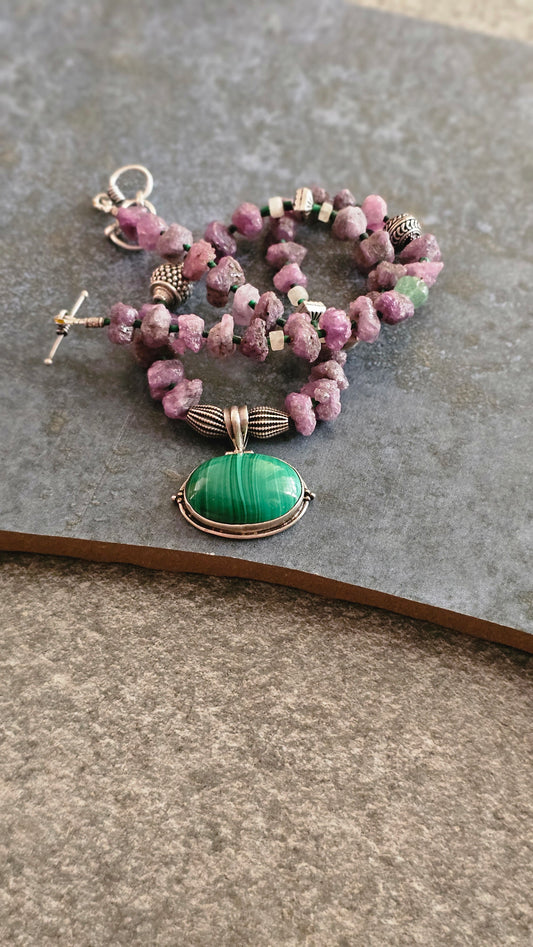 Rough uncut Ruby necklace with Malachite pendant