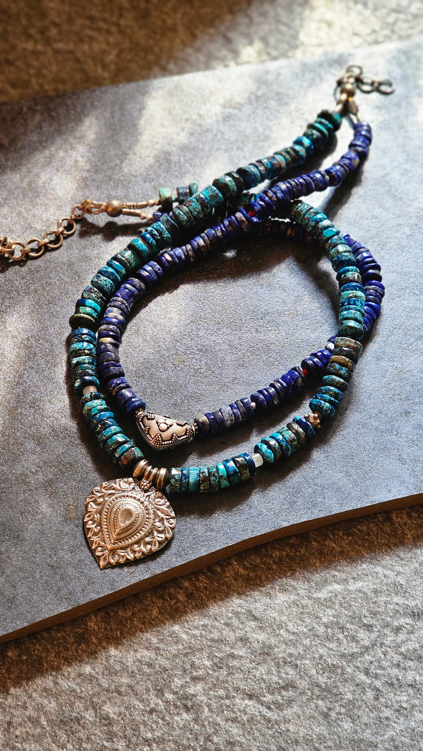 Lapis lazuli and Azurite necklace tribal pendants