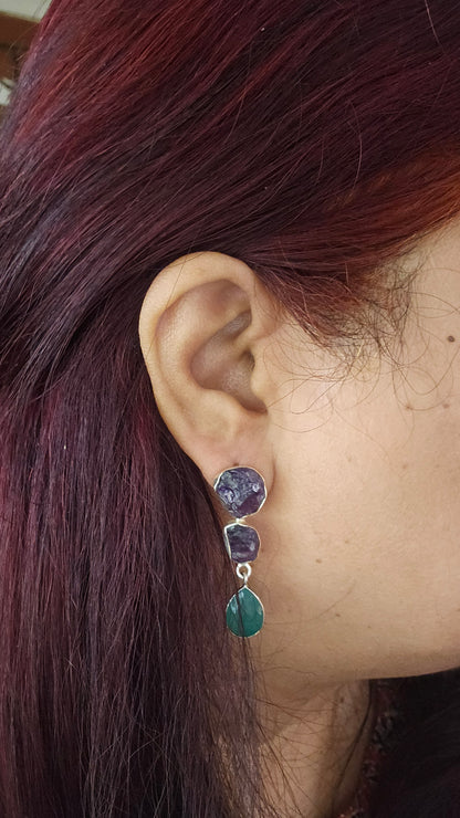 Aranya – Rough Amethyst & Green Onyx Earrings