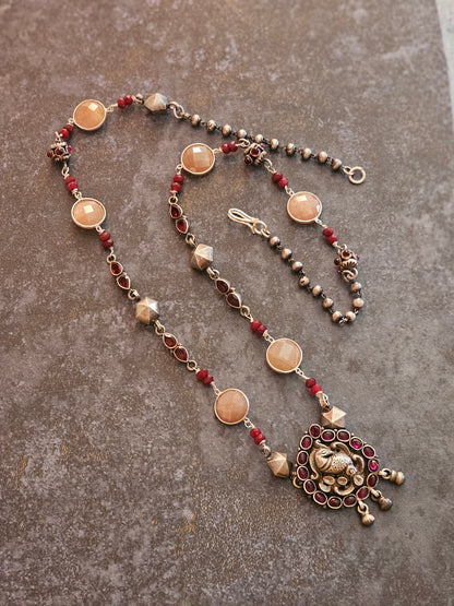 Pink jade, silver nakash necklace