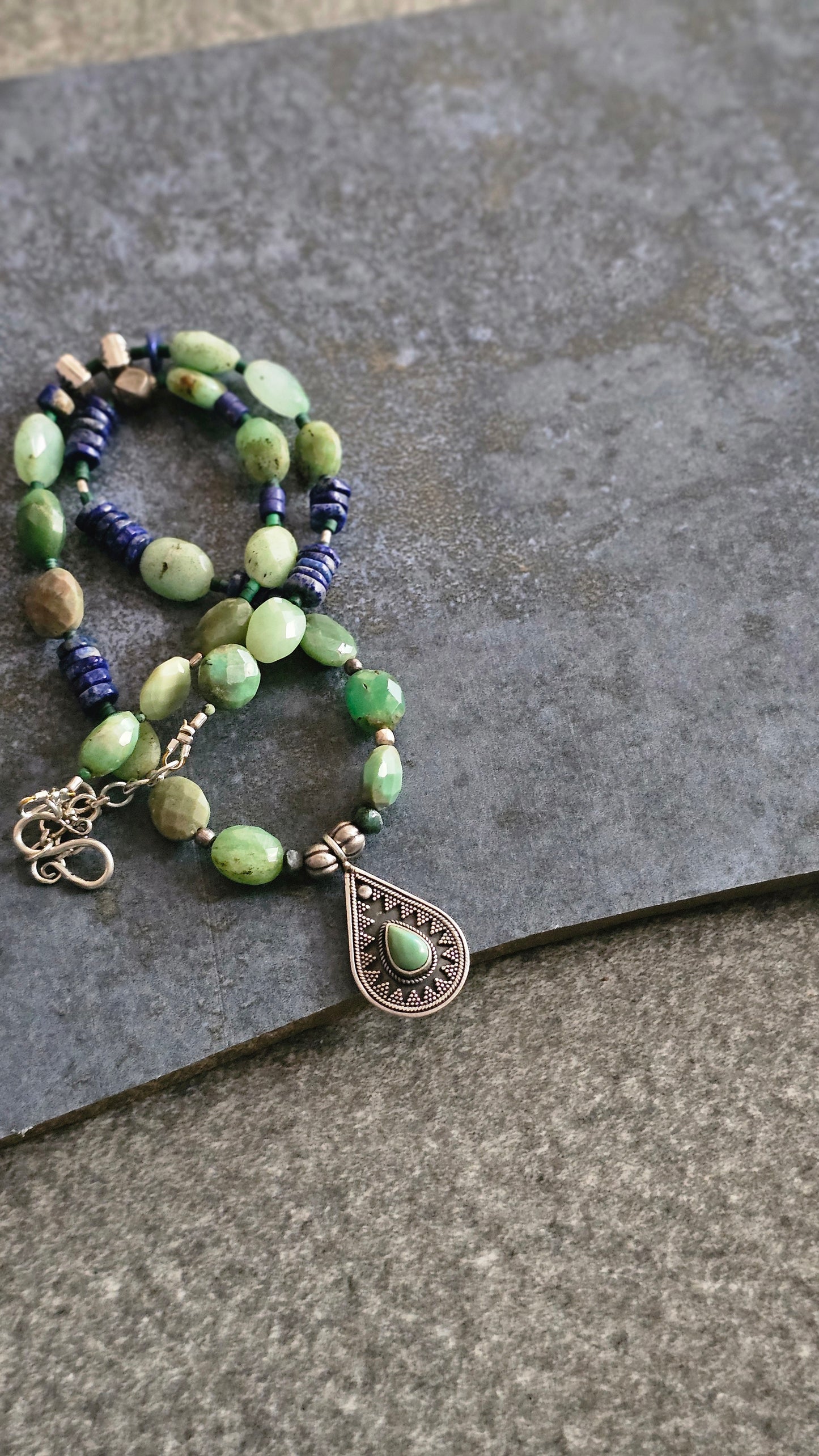 Olive green Chrysoprase & Lapis Statement Necklace in 92.5 Silver