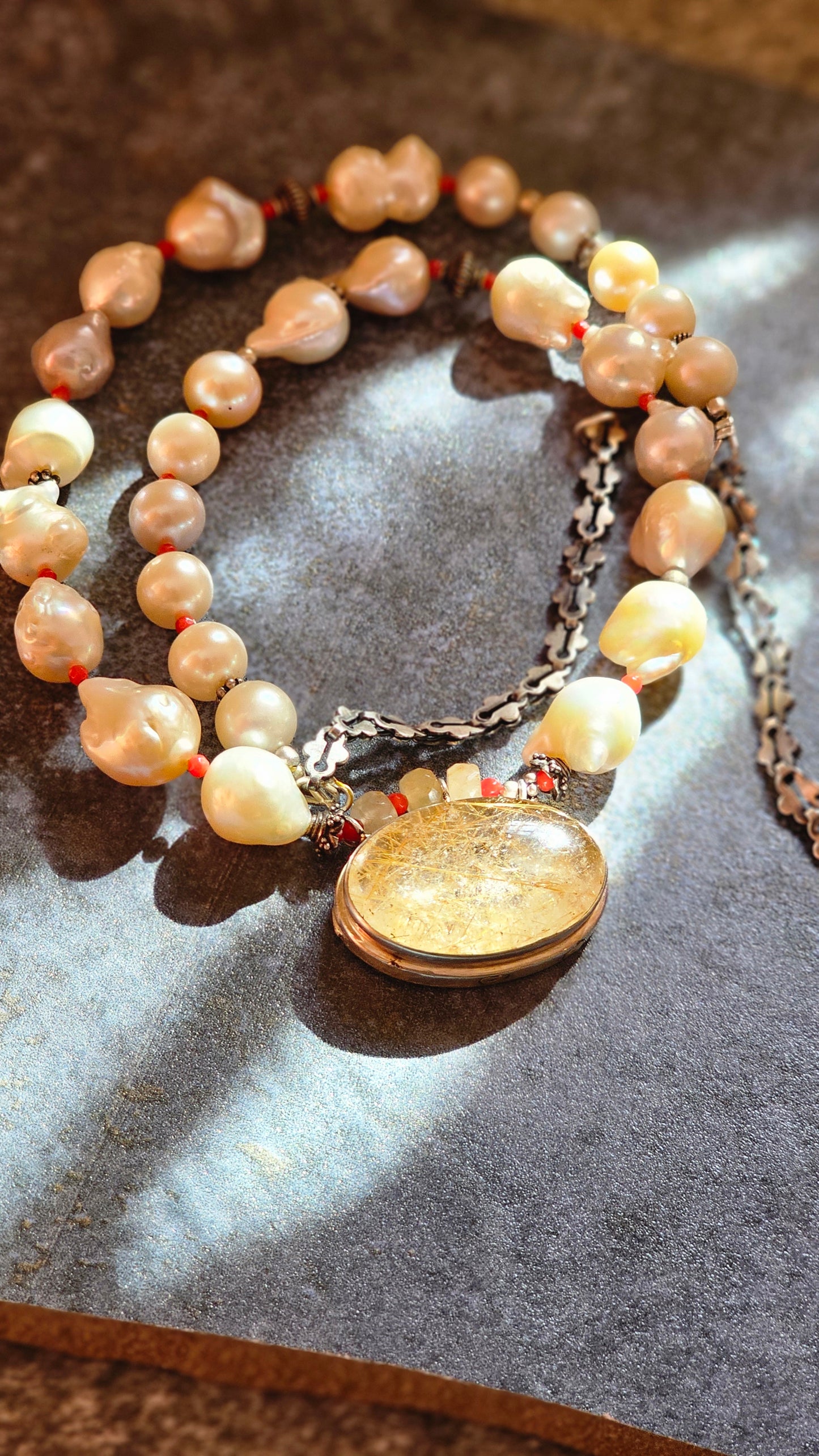 Fresh water Baroque pearls Rutilated quartz pendant necklace